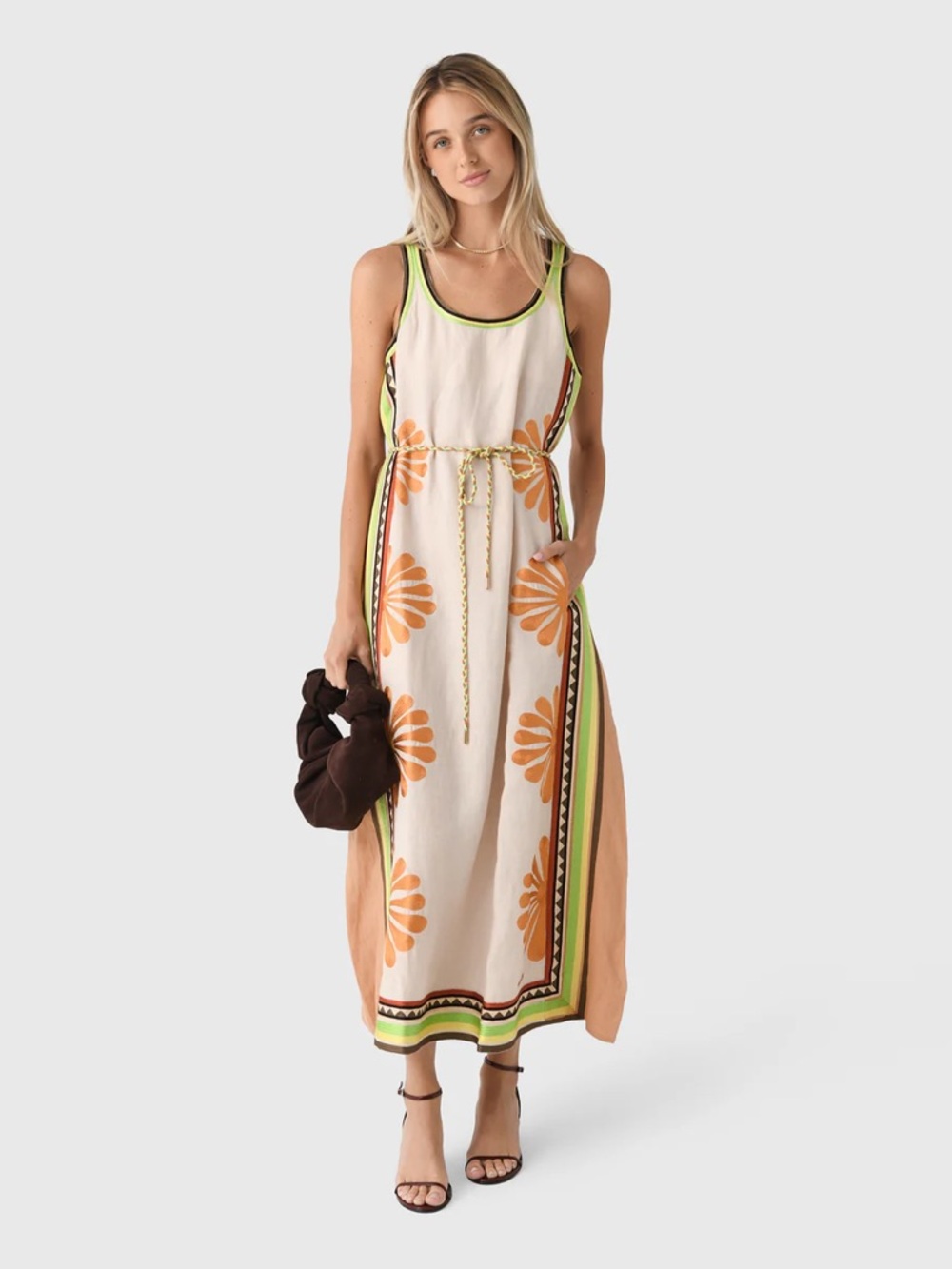 Cream & Orange Floral Border Maxi Dress